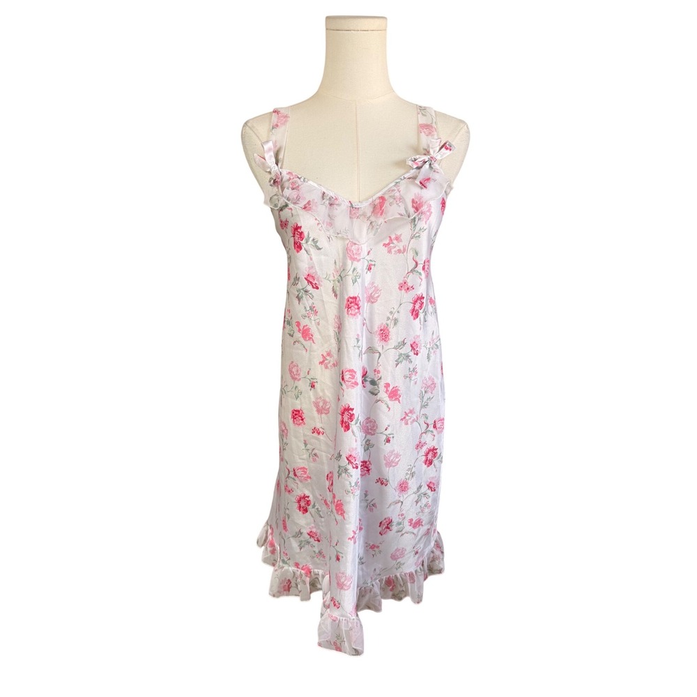 Blanche Floral Nightgown Pink Rose Print Ruffle Hem Bow Straps Sleepwear